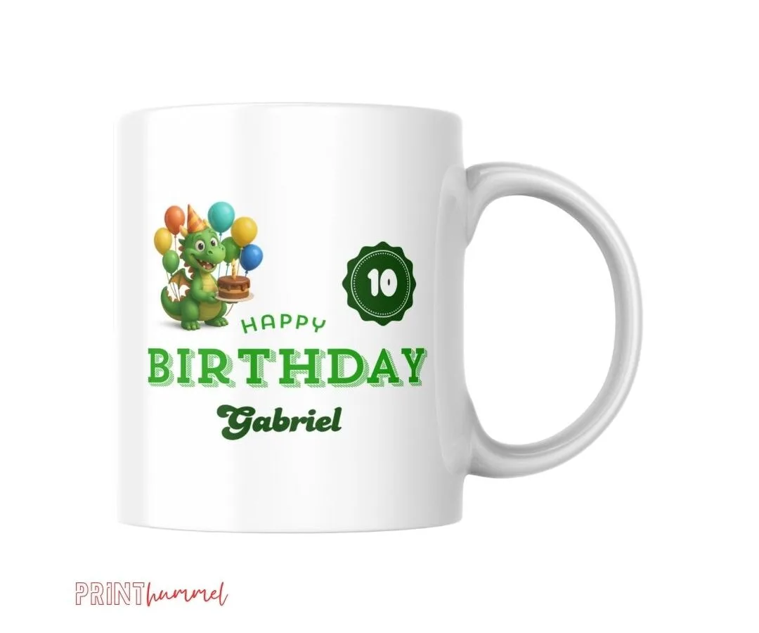 Geburtstagstasse mit Drache-Motiv, Name & Alter